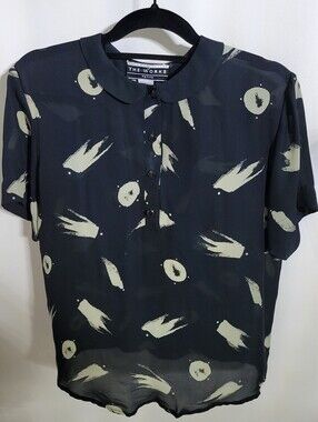 Saks Fifth Avenue Black Short-Sleeve Silk  Shirt w/ Cream Abstract Print Size 4P